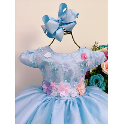Vestido Infantil Azul Claro Jardim Encantado Super Luxo