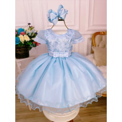 Vestido Infantil Azul Com Renda e Pérolas Luxo