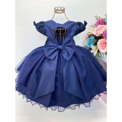 Vestido Infantil Azul Escuro Renda e Voal Luxo Festas