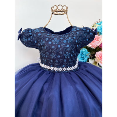 Vestido Infantil Azul Escuro Renda e Voal Luxo Festas