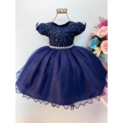 Vestido Infantil Azul Escuro Renda e Voal Luxo Festas