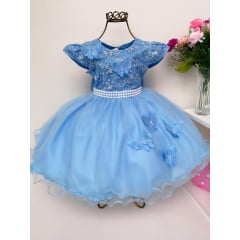 Vestido Infantil Azul Pérolas Renda Aplique Borboletas