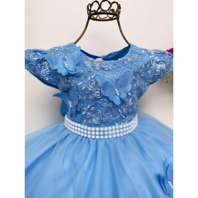 Vestido Infantil Azul Pérolas Renda Aplique Borboletas