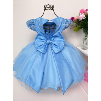 Vestido Infantil Azul Pérolas Renda Aplique Borboletas