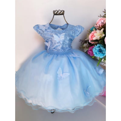 Vestido Infantil Azul Pérolas Renda Aplique Borboletas