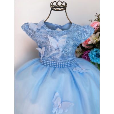 Vestido Infantil Azul Pérolas Renda Aplique Borboletas