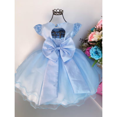 Vestido Infantil Azul Pérolas Renda Aplique Borboletas
