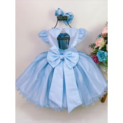 Vestido Infantil Azul Renda Aplique Borboletas Brilho Luxo