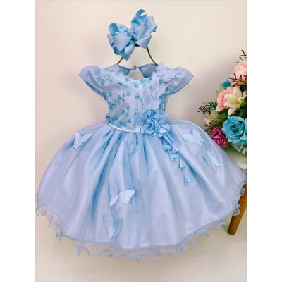 Vestido Infantil Azul Renda Aplique Borboletas Brilho Luxo