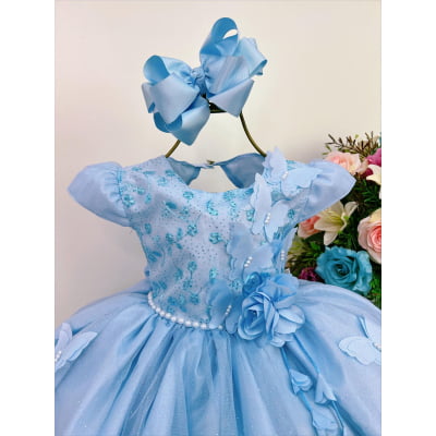 Vestido Infantil Azul Renda Aplique Borboletas Brilho Luxo