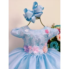Vestido Infantil Azul Renda Aplique Flores Borboletas Perolas