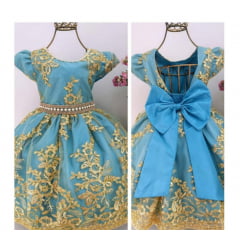 Vestido Infantil Azul Renda Dourada Luxo Pérolas e Strass