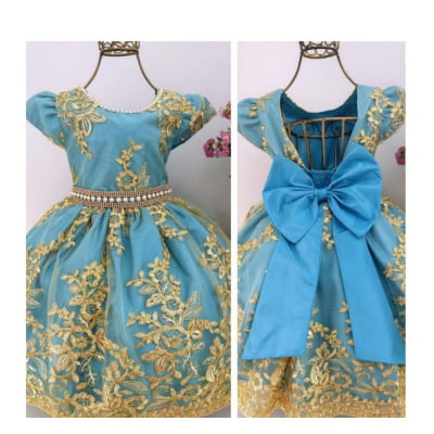 Vestido Infantil Azul Renda Dourada Luxo Pérolas e Strass