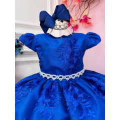 Vestido Infantil Azul Royal C/ Renda Realeza Cinto Pérolas