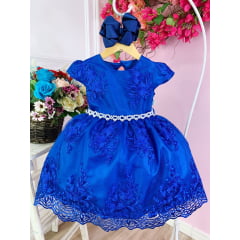 Vestido Infantil Azul Royal C/ Renda Realeza Cinto Pérolas