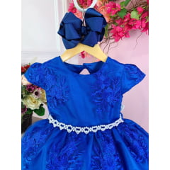 Vestido Infantil Azul Royal C/ Renda Realeza Cinto Pérolas