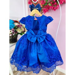 Vestido Infantil Azul Royal C/ Renda Realeza Cinto Pérolas