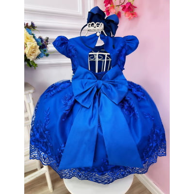 Vestido Infantil Azul Royal C/ Renda Realeza Cinto Pérolas