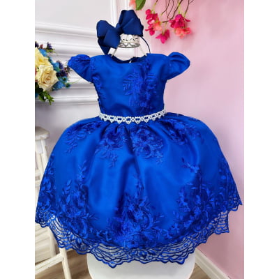 Vestido Infantil Azul Royal C/ Renda Realeza Cinto Pérolas