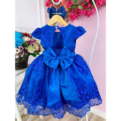 Vestido Infantil Azul Royal C/ Renda Realeza Cinto Pérolas