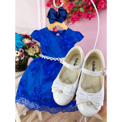 Vestido Infantil Azul Royal C/ Renda Realeza Cinto Pérolas