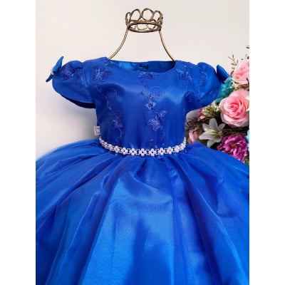 Vestido Infantil Azul Royal Renda e Voal Luxo Festas