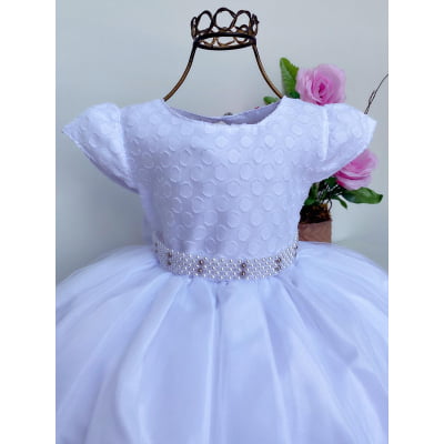 Vestido Infantil Branco Batizado Daminhas Luxo Cinto Pérolas