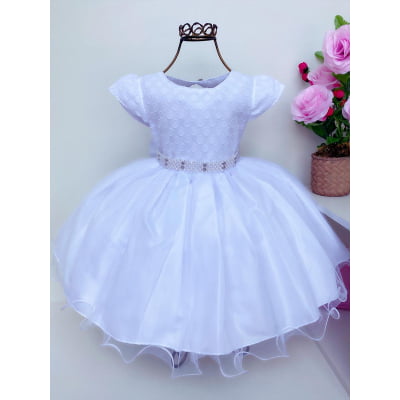 Vestido Infantil Branco Batizado Daminhas Luxo Cinto Pérolas