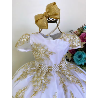 Vestido Infantil Branco Batizado Realeza Renda Dourada