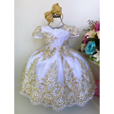 Vestido Infantil Branco Batizado Realeza Renda Dourada