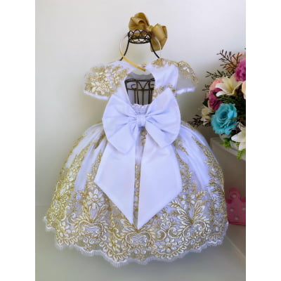Vestido Infantil Branco Batizado Realeza Renda Dourada