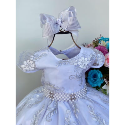 Vestido Infantil Branco Batizado Realeza Renda Prata