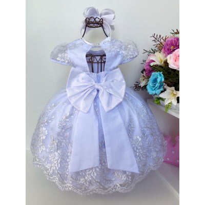 Vestido Infantil Branco Batizado Realeza Renda Prata