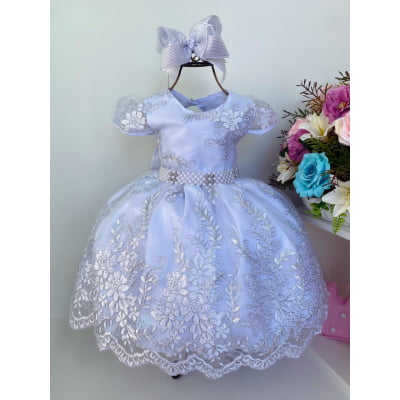 Vestido Infantil Branco Batizado Realeza Renda Prata