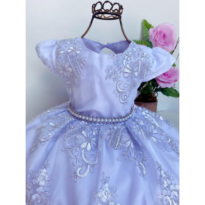 Vestido Infantil Branco Batizado Realeza Renda Prata Luxo