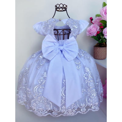 Vestido Infantil Branco Batizado Realeza Renda Prata Luxo