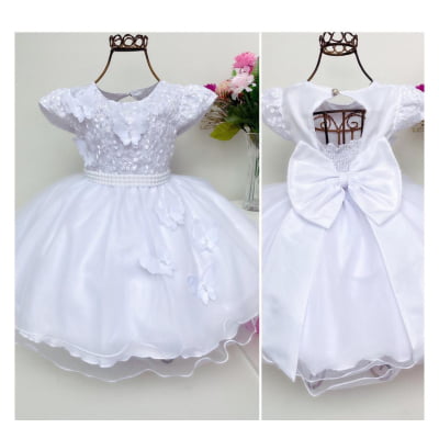 Vestido Infantil Branco Batizado Renda Aplique Borboletas