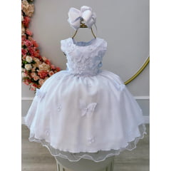Vestido Infantil Branco C/ Aplique de Borboletas e Flores