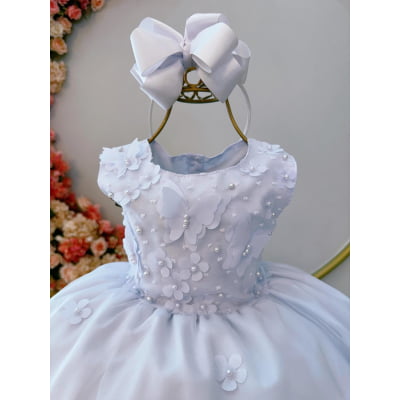 Vestido Infantil Branco C/ Aplique de Borboletas e Flores