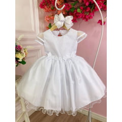 Vestido Infantil Branco C/ Aplique Flores Borboletas e Renda