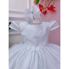 Vestido Infantil Branco C/ Aplique Flores Borboletas e Renda