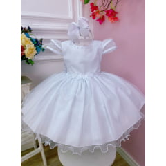 Vestido Infantil Branco C/ Aplique Flores Borboletas e Renda