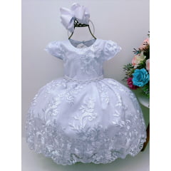 Vestido Infantil Branco C/ Renda Cinto de Pérolas Daminhas