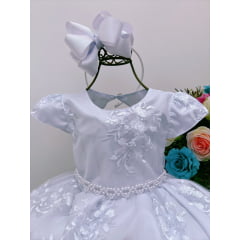 Vestido Infantil Branco C/ Renda Cinto de Pérolas Daminhas