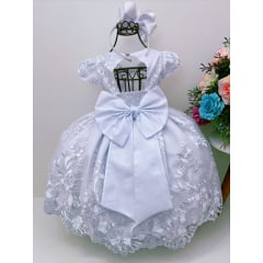 Vestido Infantil Branco C/ Renda Cinto de Pérolas Daminhas