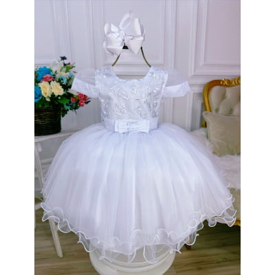 Vestido Infantil Branco C/ Renda e Pérolas Luxo