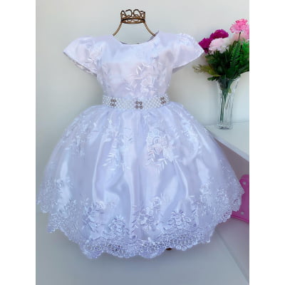 Vestido Infantil Branco Dama Batizado Renda Aniversário