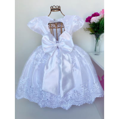 Vestido Infantil Branco Dama Batizado Renda Aniversário