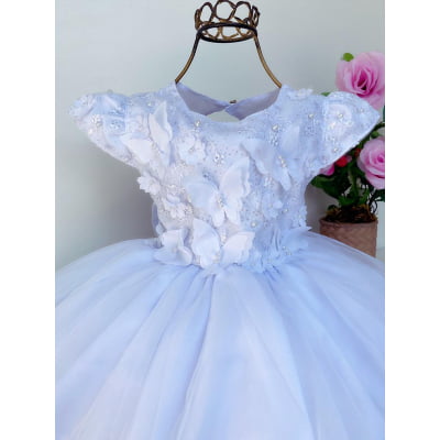 Vestido Infantil Branco Pérolas Renda Aplique Borboletas