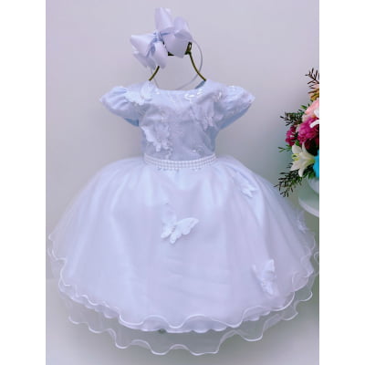 Vestido Infantil Branco Pérolas Renda Aplique Borboletas